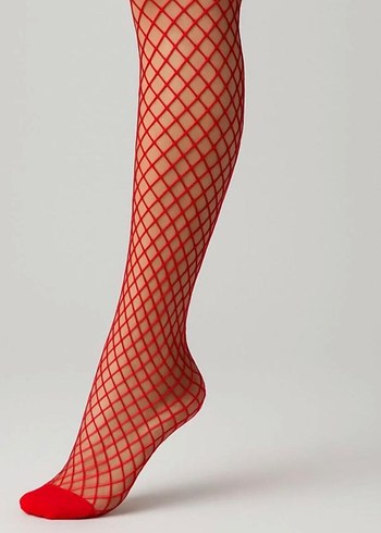 Kırmızı Ekose Desenli File Çorap - Görsel 2