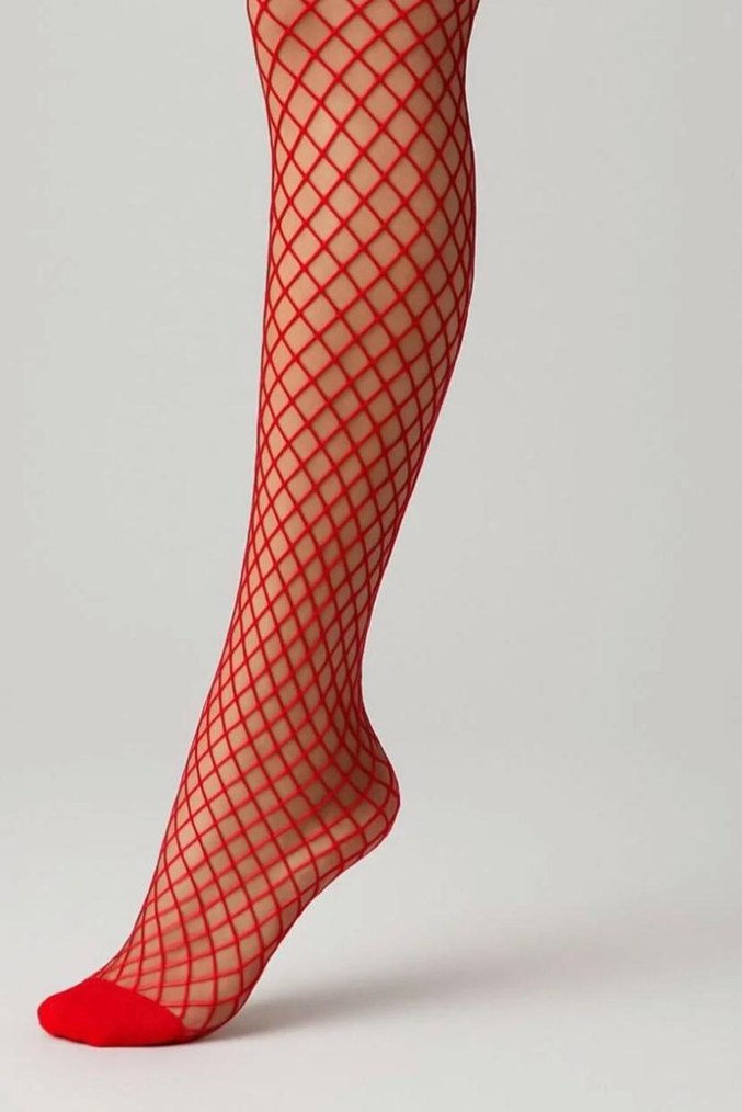 Kırmızı Ekose Desenli File Çorap - Görsel 2