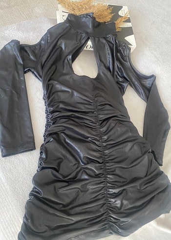 Siyah Deri mini elbise - Görsel 4