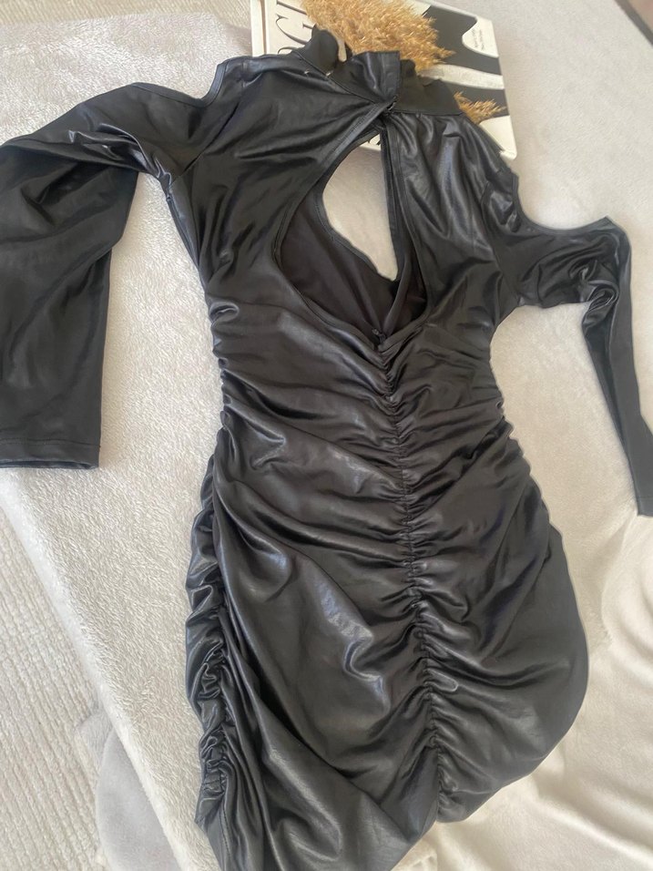 Siyah Deri mini elbise - Görsel 5