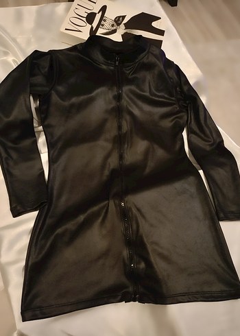 Siyah Deri Kadın mini elbise - Görsel 5