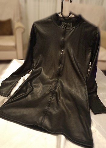 Siyah Deri Kadın mini elbise - Görsel 2