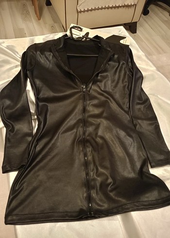 Siyah Deri Kadın mini elbise - Görsel 7