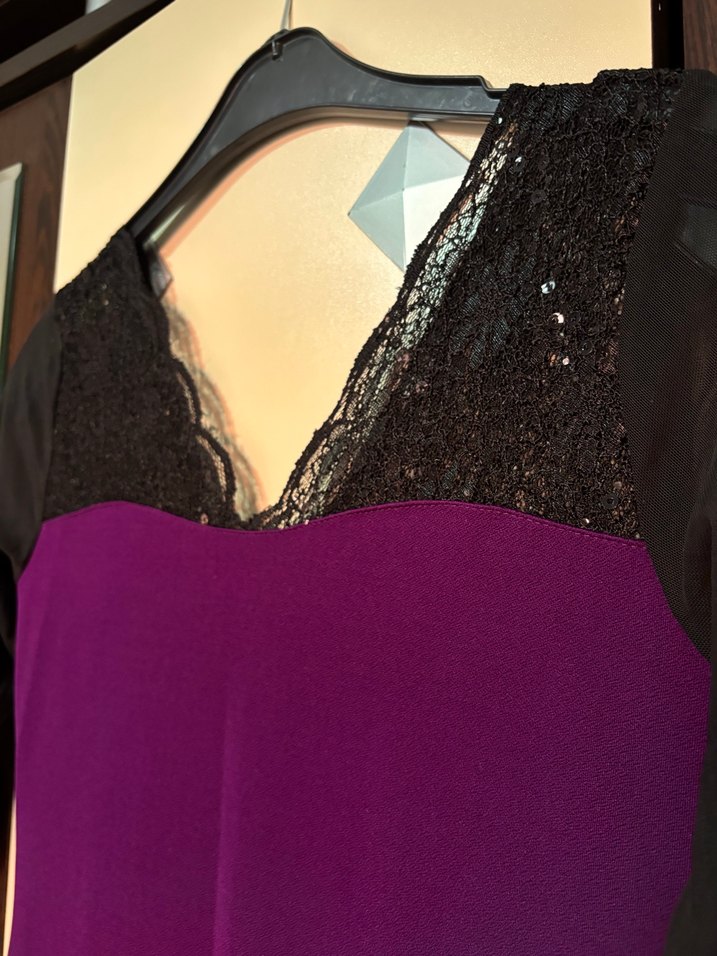 Bordo Dantelli V Yaka Midi Elbise - Görsel 3