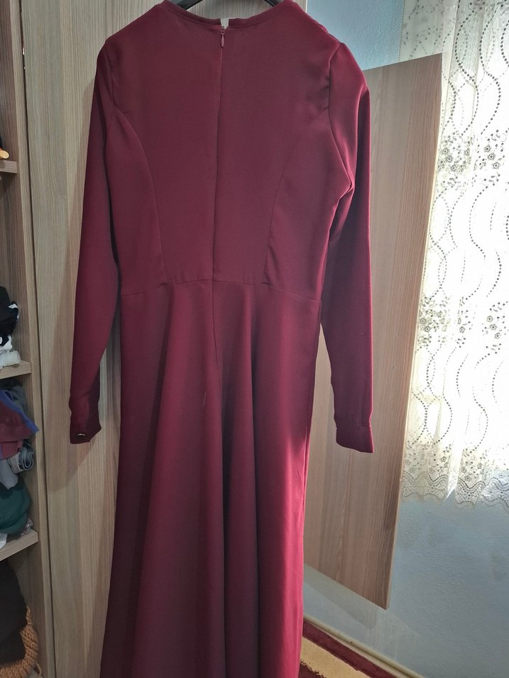 Bordo Uzun Kollu Fermuarlı Salaş Kadın Elbise - Görsel 3