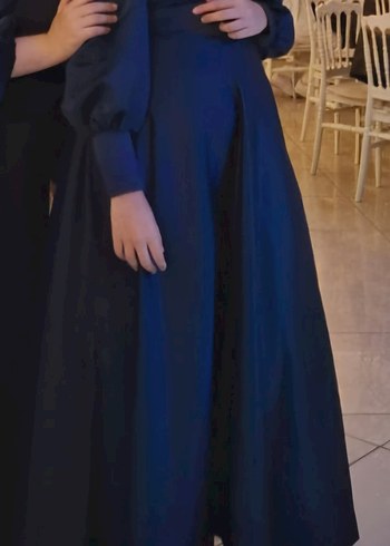 Uzun Lacivert Drapeli Kadın Elbise - Görsel 4