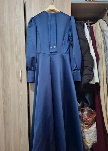 Uzun Lacivert Drapeli Kadın Elbise - Görsel 2