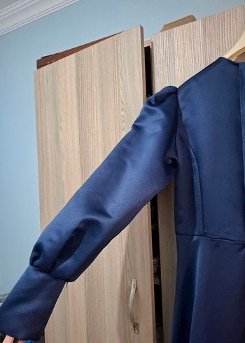 Uzun Lacivert Drapeli Kadın Elbise - Görsel 3