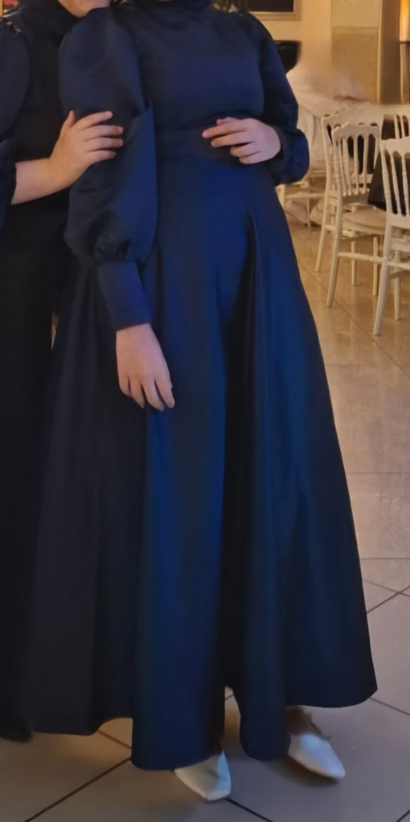 Uzun Lacivert Drapeli Kadın Elbise - Görsel 4