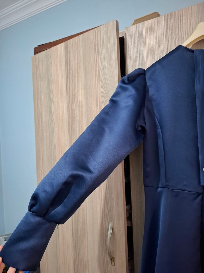 Uzun Lacivert Drapeli Kadın Elbise - Görsel 3