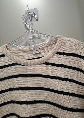 Çizgili Bej Kadın Triko Kazak - Görsel 2