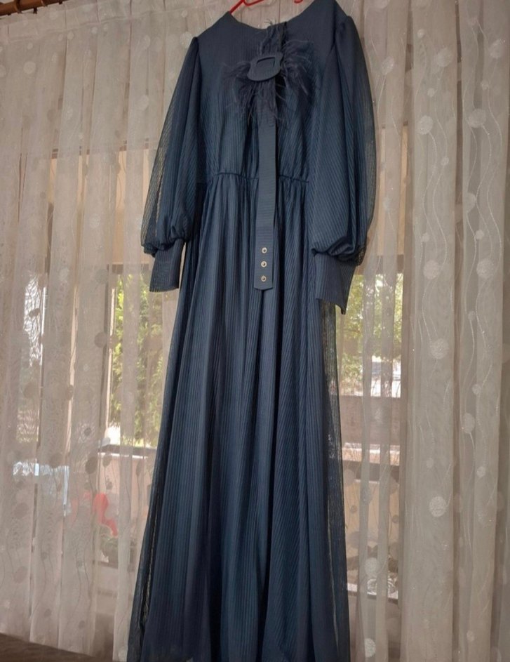 Uzun Bohem Mavi Kadın Abiye Elbise - Görsel 2