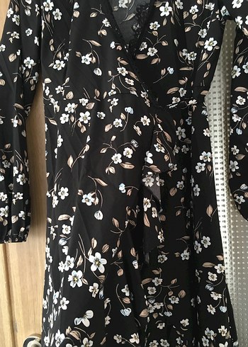 Bohem Siyah Çiçekli Uzun Kollu kısa Elbise - Görsel 2