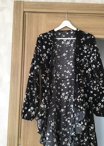 Bohem Siyah Çiçekli Uzun Kollu kısa Elbise - Görsel 6