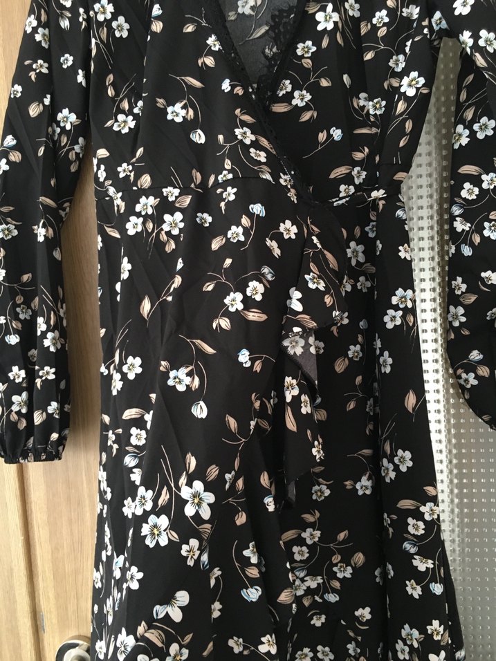Bohem Siyah Çiçekli Uzun Kollu kısa Elbise - Görsel 2