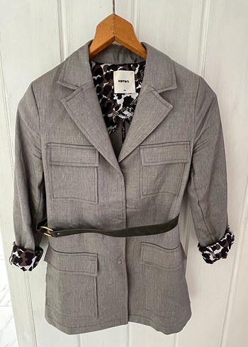 Gri Kemerli Kadın Blazer Ceket