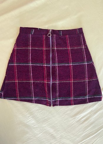 Bordo Kareli Mini Etek Fermuarlı