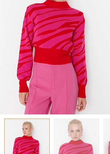 Zebra Desenli Pembe Kadın Triko Kazak