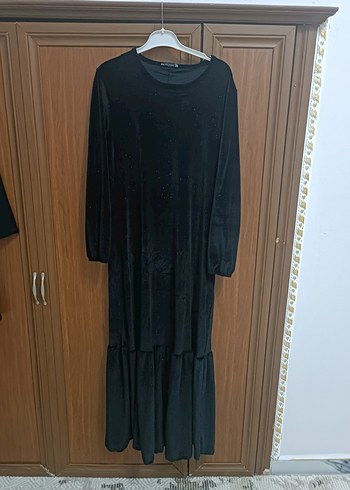 Siyah Süet Uzun Kollu Uzun Elbise