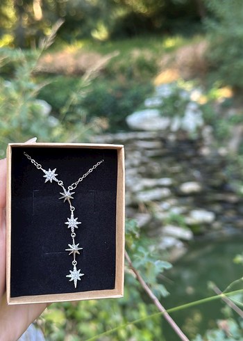 Diğer Parlak Gümüş Zincir Detaylı Kutup Yıldızı Y Kolye