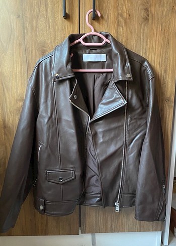 Bershka Kahverengi Deri Biker Ceket