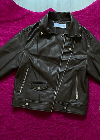 s Beden kahverengi Renk Bershka Kahverengi Deri Biker Ceket