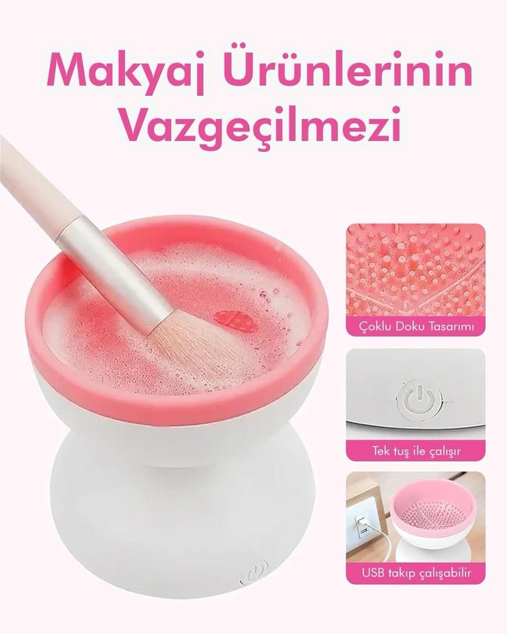 Pembe Taşınabilir Mini Makyaj Fırçası Temizleyici - Görsel 2
