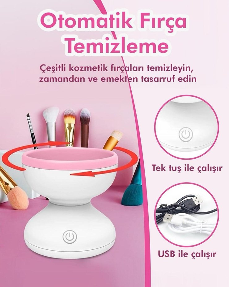 Pembe Taşınabilir Mini Makyaj Fırçası Temizleyici - Görsel 5