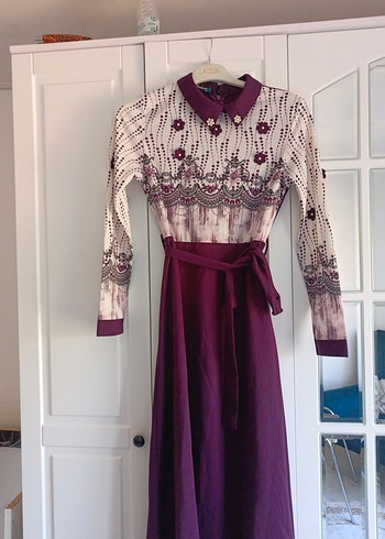 Bordo Nakışlı Uzun Kollu Bohem Elbise
