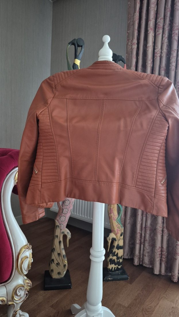 Kahverengi Kadın Deri Biker Ceket - Görsel 2