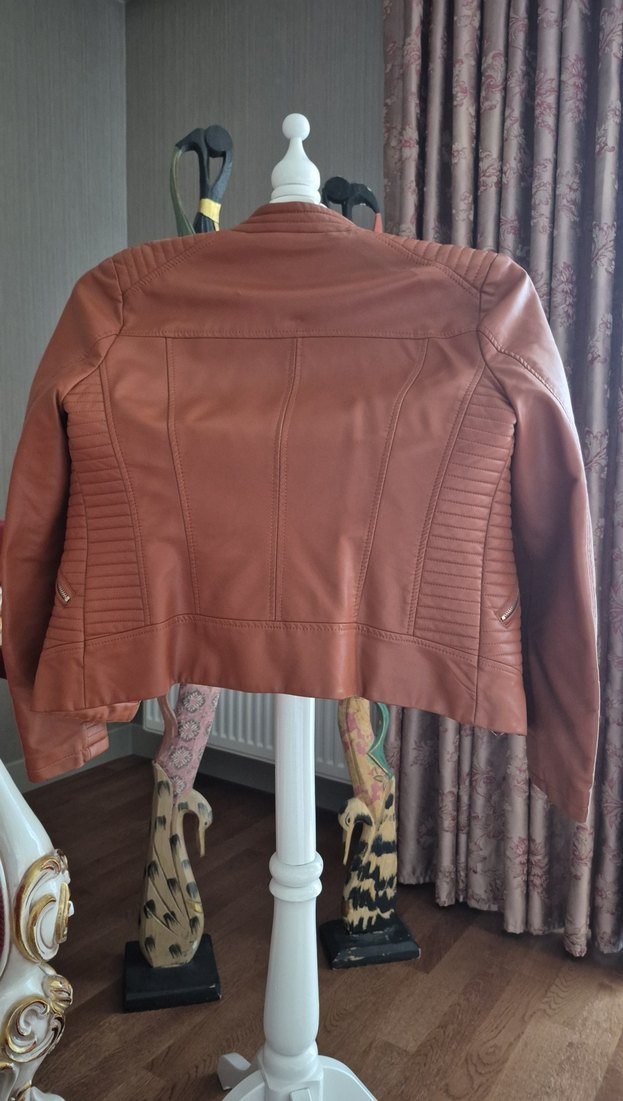 Kahverengi Kadın Deri Biker Ceket - Görsel 3