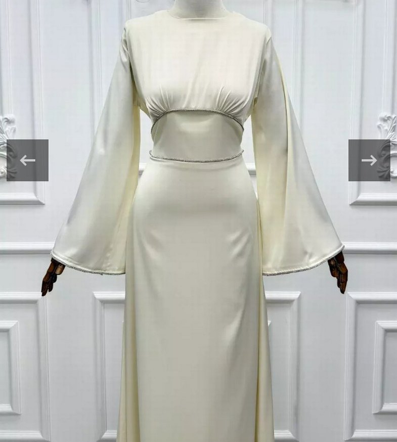 Beyaz Uzun Kollu Drapeli Kadın Abiye Elbise - Görsel 3