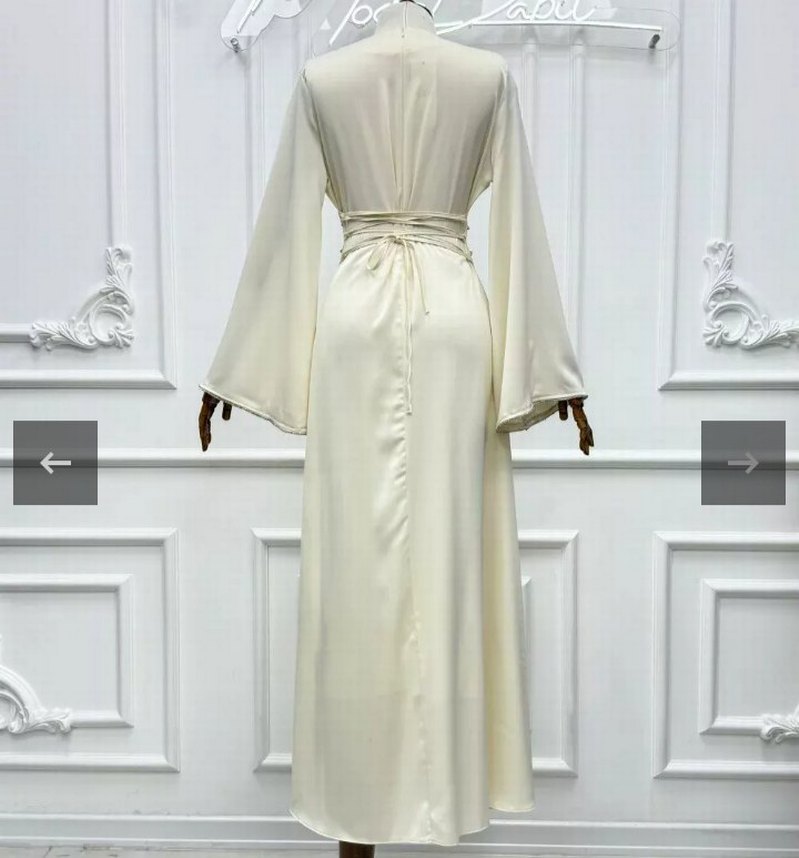 Beyaz Uzun Kollu Drapeli Kadın Abiye Elbise - Görsel 2