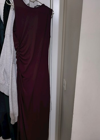 m Beden Bordo Drapeli Kadın Uzun Elbise
