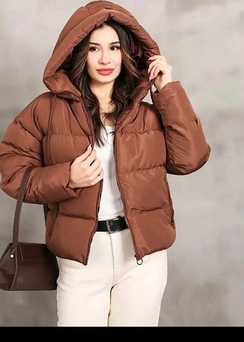Kahverengi Midi Puff Mont Kapüşonlu