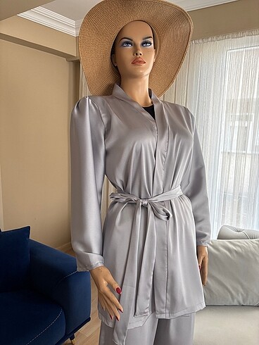 universal Beden gri Renk Saten kimono takım gri