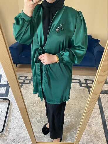 Zara Zümrüt yeşili Saten kimono ceket taşlı düğünlük kına nişan önden