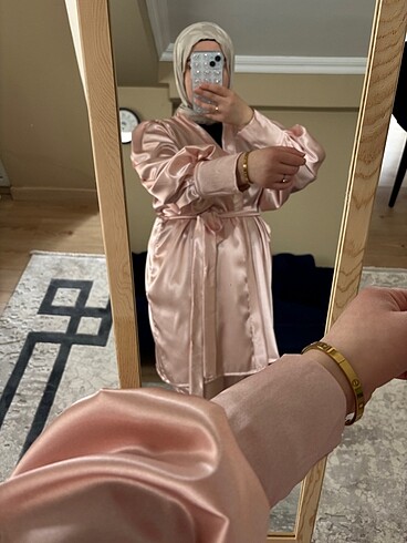 universal Beden Saten kimono takım toz pembe pudra yavruağzı