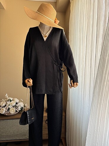 Zara Siyah yandan bağlamalı kimono takım trend