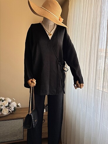 36 Beden Siyah yandan bağlamalı kimono takım trend