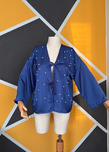 Zara Boncuk İşlemeli Lacivert Mini Kimono incili