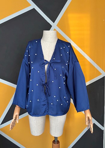 diğer Beden mavi Renk Boncuk İşlemeli Lacivert Mini Kimono incili