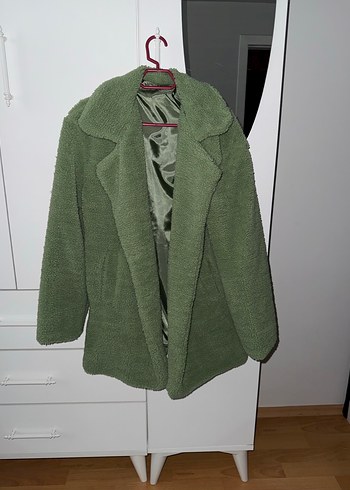 s Beden Yeşil Kadın Midi Peluş Kaban