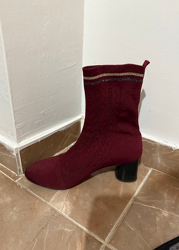 38 Beden bordo Renk Bordo Örgü Triko Topuklu Kadın Bot