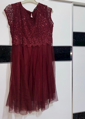 50 Beden bordo Renk Bordo Dantelli Midi Abiye Elbise