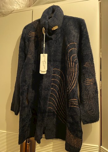 Uzun Mavi Nakışlı Bohem Kadın Kabanı kürk - Görsel 4