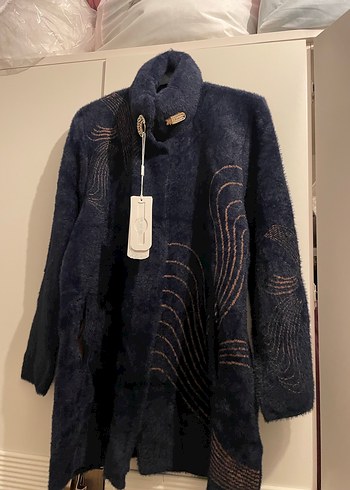 Uzun Mavi Nakışlı Bohem Kadın Kabanı kürk - Görsel 3