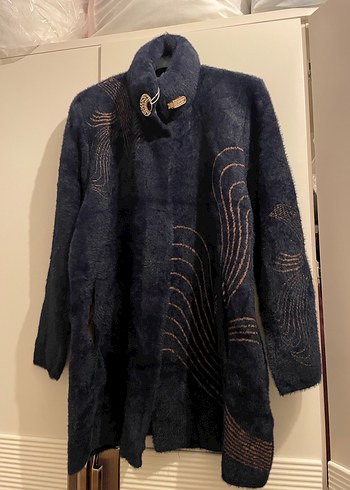 Uzun Mavi Nakışlı Bohem Kadın Kabanı kürk - Görsel 2