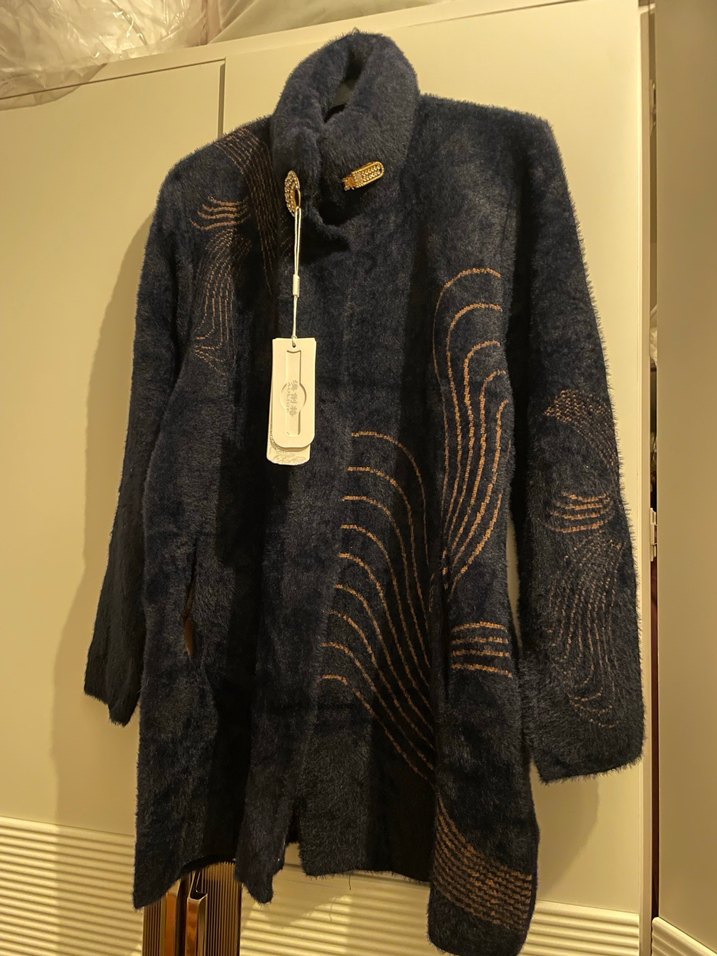 Uzun Mavi Nakışlı Bohem Kadın Kabanı kürk - Görsel 4