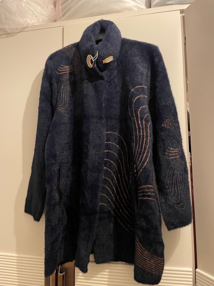 Uzun Mavi Nakışlı Bohem Kadın Kabanı kürk - Görsel 2